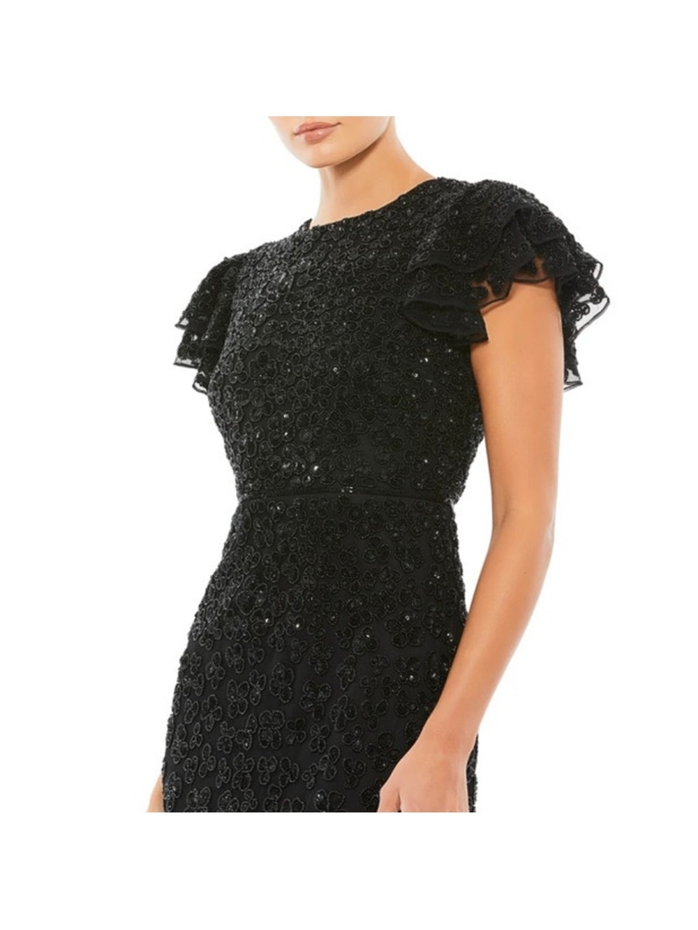 MAC DUGGAL Dress Size 12 Evening Gown Sequin Black Beaded NEW Midi Flounce Slv